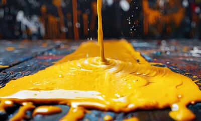 Poster - Yellow Paint Pouring on Wooden Surface