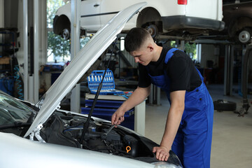 Poster - Young auto mechanic fixing car at automobile repair shop