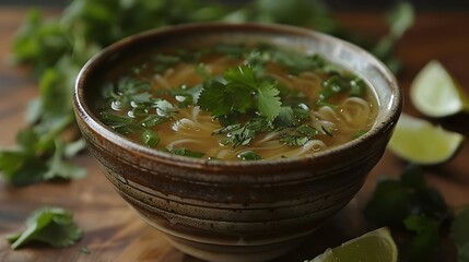 Wall Mural - A bowl of soup with green herbs and a lime on top