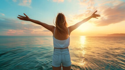 Wall Mural - Happy woman enjoying freedom with open hands on sea.