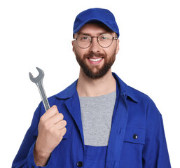 Canvas Print - Professional auto mechanic with wrench on white background