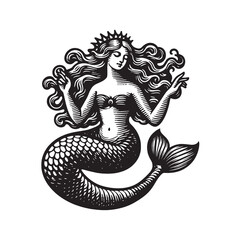 Canvas Print - Beautiful mermaid with a crown. sea ​​princess. Engraving vintage vector illustration, monochrome black color. Woodcut	