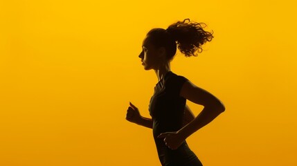 Sporty woman runner in silhouette on yellow background. photo of attractive woman in fashionable sportswear. dynamic movement. side view. sport and healthy lifestyle. A.I.