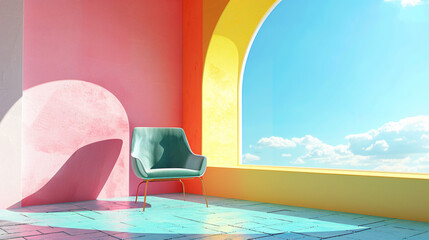 Poster - Sunlight illuminates a green velvet chair in a vibrant, minimalist room with a spacious arched window