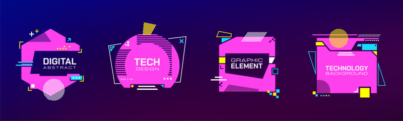 Poster - Tech banners. Futuristic digital glitchy borders with tech geometric shapes futuristic HUD elements UI design. Vector post-apocalyptic templates. Modern glitch technology cyberpunk promotion frames.