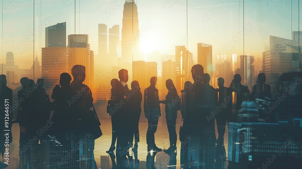 Double exposure image of many business people conference group meeting ...