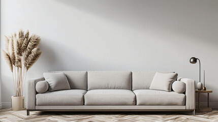 Wall Mural - Neutral color palette and minimalist design featuring a beige sofa, pampas grass plant, and modern lamp