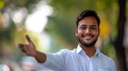 Head shot of friendly indian boss greeting client stretch out hand welcoming express amity good manners meet job vacancy applicant first acquaintance human resource hr manager recruiter work concept.