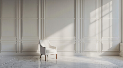 Poster - Classic white armchair bathed in sunlight in an empty room with white wall molding