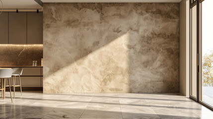 Wall Mural - Modern and spacious dining room with beige marble wall and sunlight shining through the window