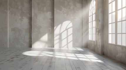 Poster - Empty room with white wooden floor and arched windows casting shadows in the sunlight
