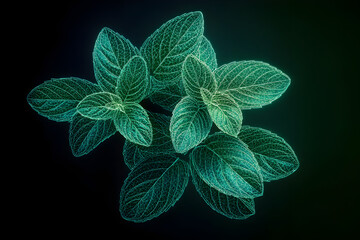 Wall Mural - Neon wireframe of fresh spearmint leaves isolated on black background.