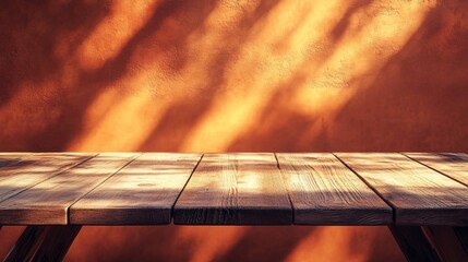 Poster - Presented on an abstract orange background, an empty wooden table enables montage presentations
