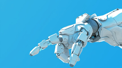 Fototapete - A robot hand is pointing to the sky. The robot is white and has a blue background