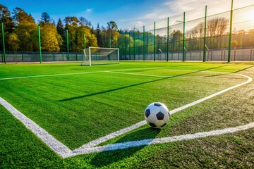 A empty outdoor soccer court with fresh green grass and white markings awaits action, with a single abandoned soccer ball lying on the ground.