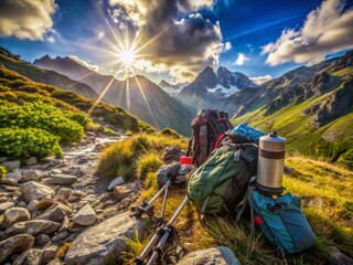 sun-drenched mountain trail with discarded backpacks, water bottles, and hiking poles, capturing the