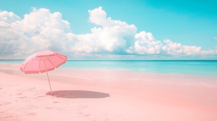 Wall Mural - surreal island aesthetic with a pastel pink beach umbrella on pink sand, ocean in the distance, dreamy and calming beach scene, beach, umbrella