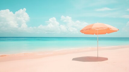 Wall Mural - surreal island aesthetic with a pastel pink beach umbrella on pink sand, ocean in the distance, dreamy and calming beach scene, beach, umbrella