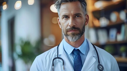 Wall Mural - A man in a white lab coat and blue tie stands in front of a bookshelf