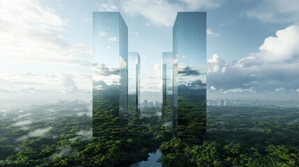 Two tall, mirrored skyscrapers reflect the sky and clouds above a lush green forest.