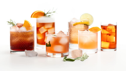 Sticker - A selection of colorful cocktails in various glasses filled with ice, garnished with orange slices, lime, rosemary, and mint leaves on a white background.