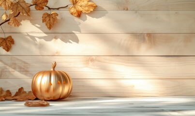 Yellow leaves and golden pumpkin a bright wooden table background with copy space.