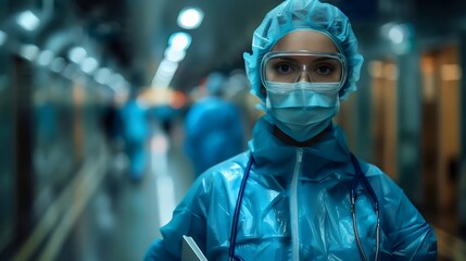 Wall Mural - A woman in a blue hospital gown is wearing a mask and holding a clipboard