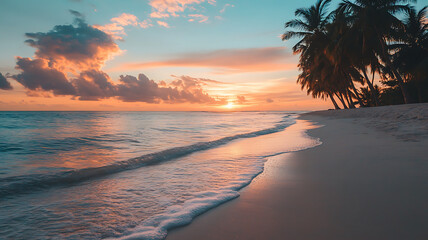 Wall Mural - a serene beach with a vivid sunset, palm trees silhouetted against the sky, and gentle waves lapping at the shore