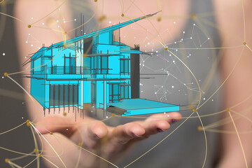 Poster - home iot - Neural network 3D illustration. Big data and cybersecurity