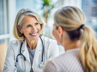 Smiling middle-aged female doctor listening to female patient talk about her health