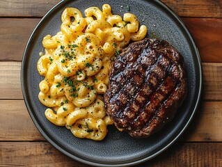 Photo of grilled burger steak with macaroni and cheese on a plate, on a wooden table 7