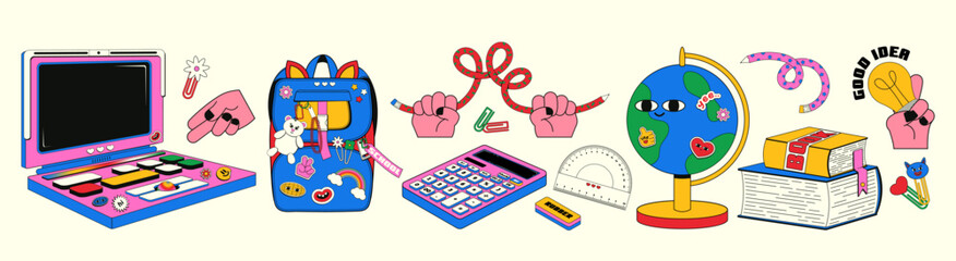 Poster - Trendy teen set of elements on a back to school theme in retro linear style. Vector illustration of school backpack, y2k aesthetics notebook, globe, calculator and other school supplies.