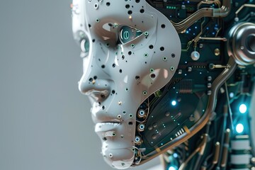 Poster - Robotic head with intricate circuitry, AI concept