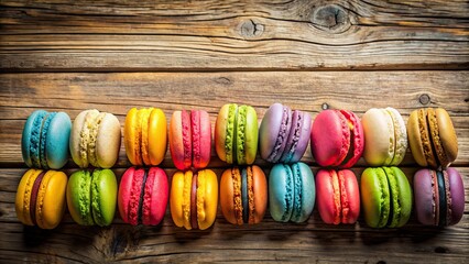 Canvas Print - Colorful macaroons arranged on a rustic wooden table , dessert, sweet, confectionery, French, bakery, pastel, almond, treat