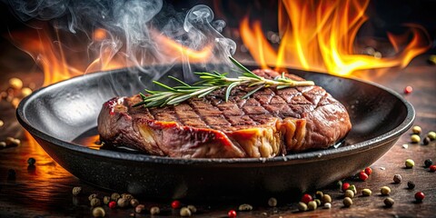 Wall Mural - Close up of a sizzling meat steak being fried in a hot pan, cooking, food, steak, frying, sizzle, delicious, kitchen, meal