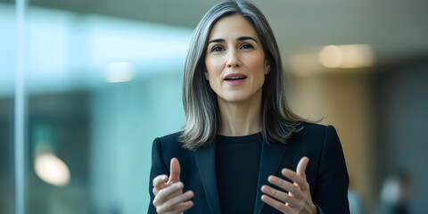 Businesswoman presenting with confidence at a board meeting