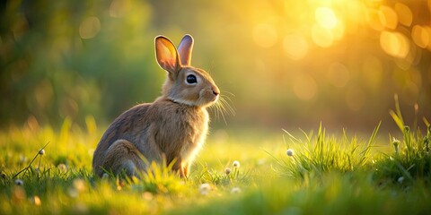 Wall Mural - Bunny sitting in a sunlit meadow, rabbit, cute, animal, wildlife, nature, grass, field, outdoors, countryside, fluffy, sunny