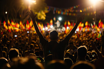 Poster - Enthusiastic Outdoor Election Rally with Flags and Dramatic Lighting  