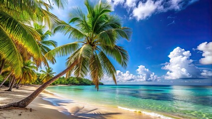 Poster - Sunny tropical Caribbean beach with palm trees and clear blue water, tropical, Caribbean, beach, palm trees, clear water