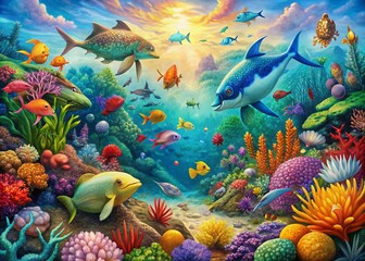 Sticker - Vibrant painting of diverse sea creatures, coral reefs, and ocean landscapes, evoking a sense of curiosity and wonder in a lively and playful underwater world.