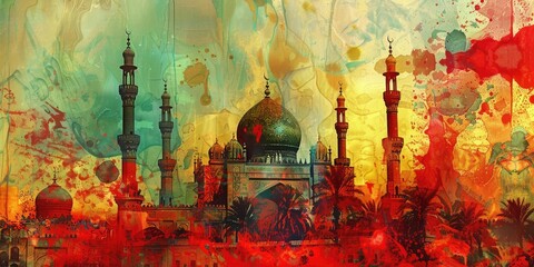 Abstract watercolor painting of a mosque.