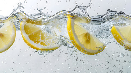 Wall Mural - Lemon wedges plunging into clear sparkling water. 