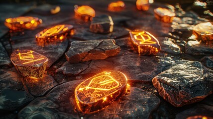 Glowing runes on runestones spread on a table, evoking ancient mystery and magical ambiance