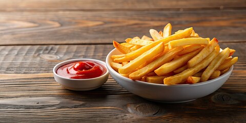 Sticker - Crispy French fries with a side of ketchup, food, snack, fast food, fried, potatoes, condiment, dipping, tasty, delicious