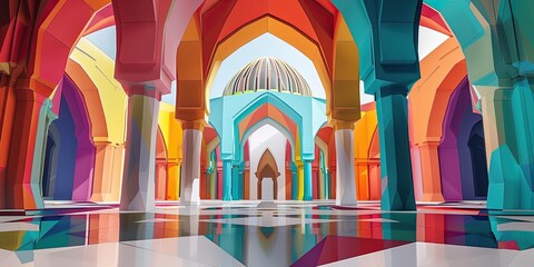 Wall Mural - Colorful arches and reflections in a geometric hall.