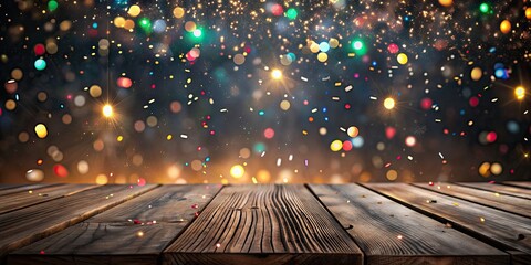 Poster - Wooden planks and confetti falling down on blurred dark Christmas Holidays Background with bokeh, wood, planks, confetti