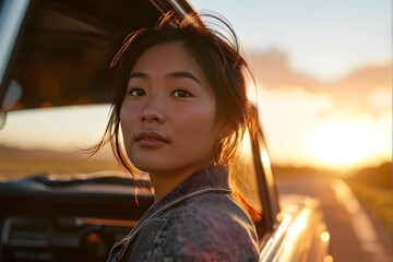 Wall Mural - A woman with dark hair and a black jacket is sitting in a car