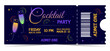 © Julia Bilevych - Blue Cocktail Party Invitation Ticket Design with colorful drinks, event details and admit one barcode