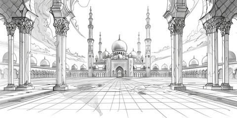 Pencil sketch of a mosque with arched entrances.