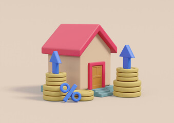 Canvas Print - The 3D image includes a house icon, a coin, an upward arrow, and a percentage symbol. Real Estate and Home Ownership Concepts including savings and investment that grows or increases